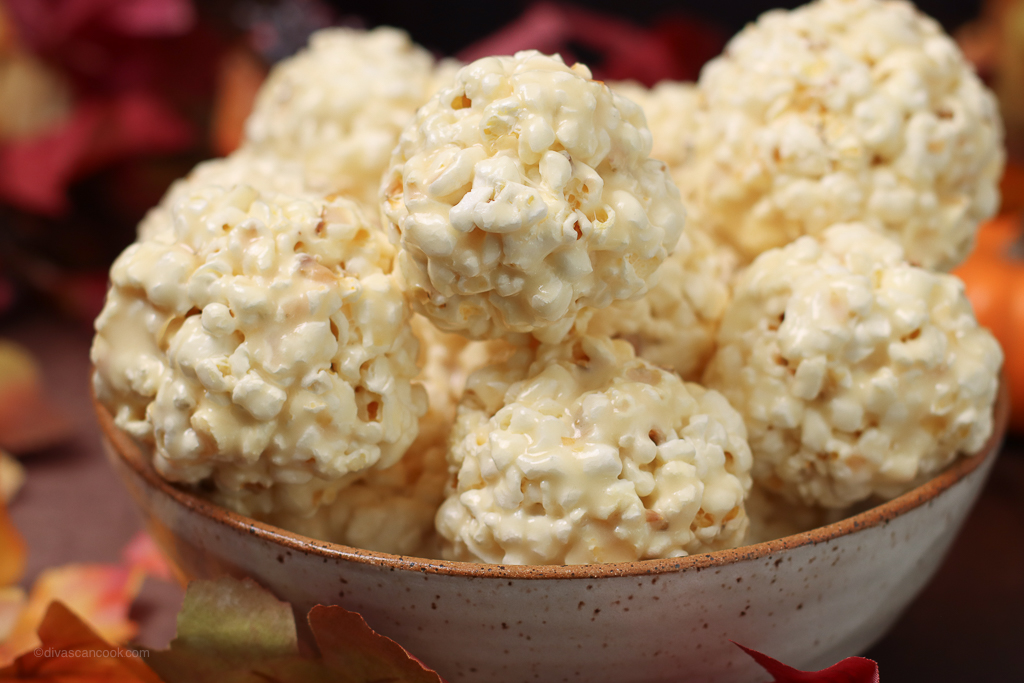 marshmallow popcorn balls in bowl